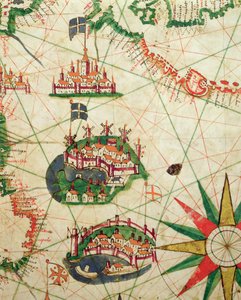 Byerne Marseille og Genova med deres havne, fra et nautisk atlas, 1651 (blæk på vellum) (detalje fra 330919)